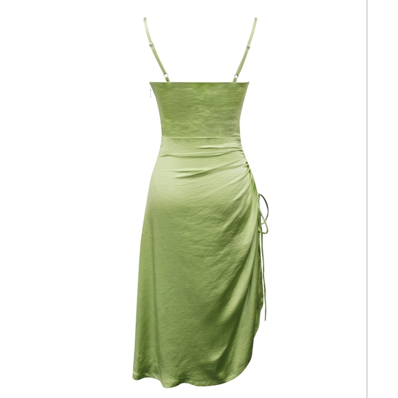 💚 Keira Olive Twist Front Side Slit Satin Dress 💚 - Picture 11 of 15
